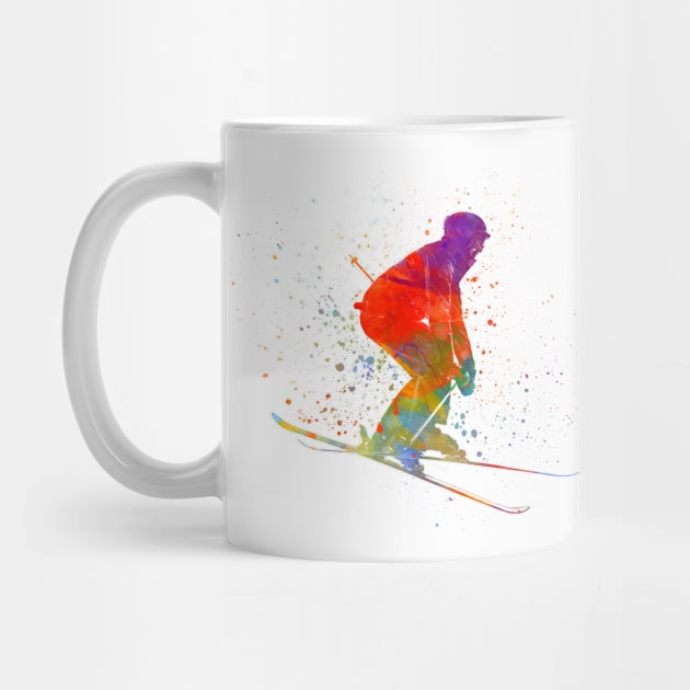 Woman skier skiing jumping  in watercolor by PaulrommerArt